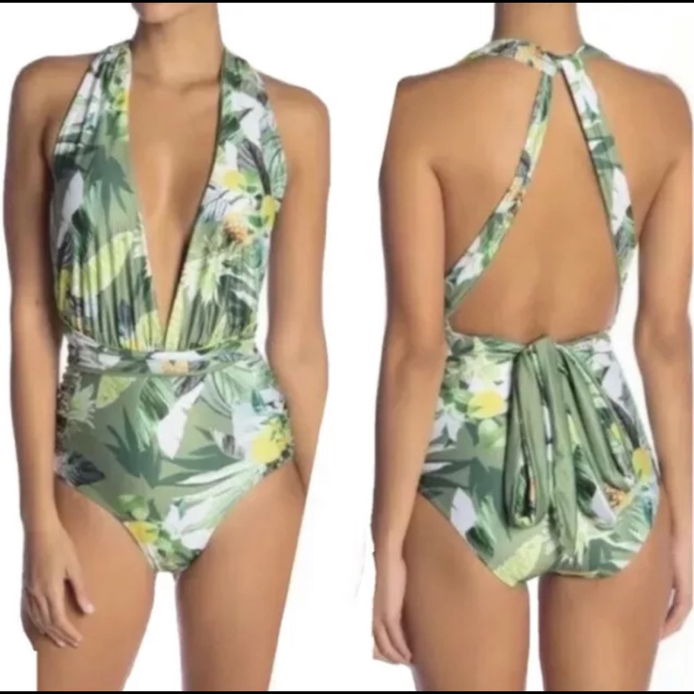 Nicole Miller New York 1 PIECE Convertible Swimsuit Green Floral